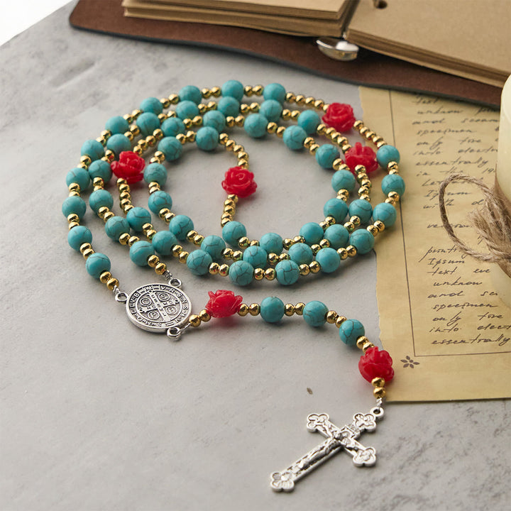 Christianartworkshop Elegante rosario de rosas rojas y azules con cuentas turquesas: bendecido por la Virgen María y San Benito. - image 3