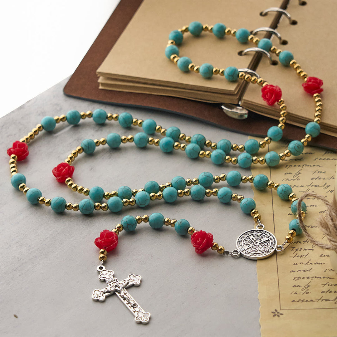 Christianartworkshop Elegante rosario de rosas rojas y azules con cuentas turquesas: bendecido por la Virgen María y San Benito. - image 4