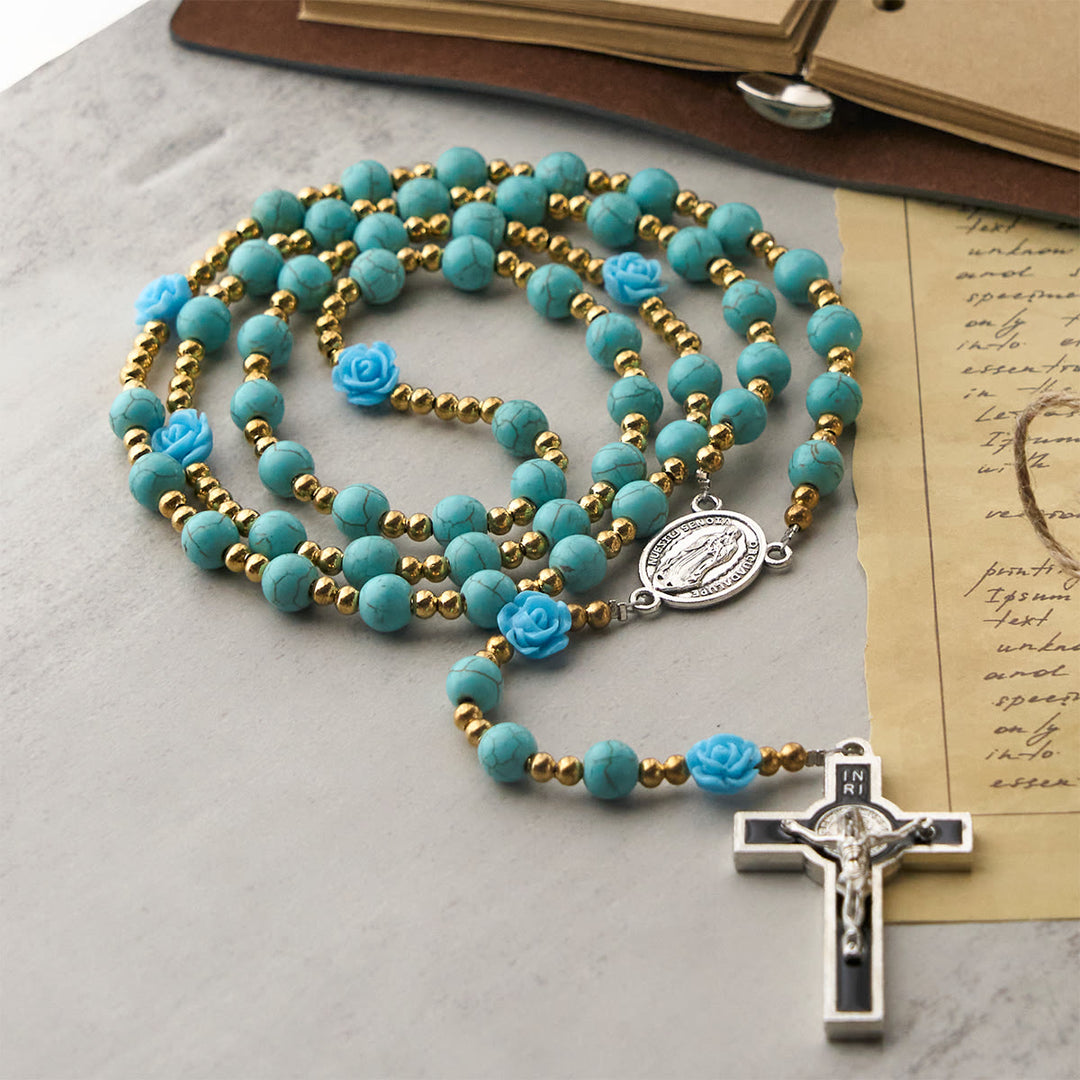 Christianartworkshop Elegante rosario de rosas rojas y azules con cuentas turquesas: bendecido por la Virgen María y San Benito. - image 14