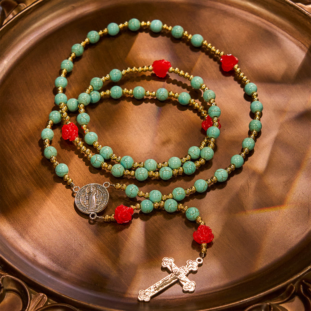 Christianartworkshop Elegante rosario de rosas rojas y azules con cuentas turquesas: bendecido por la Virgen María y San Benito. - image 6