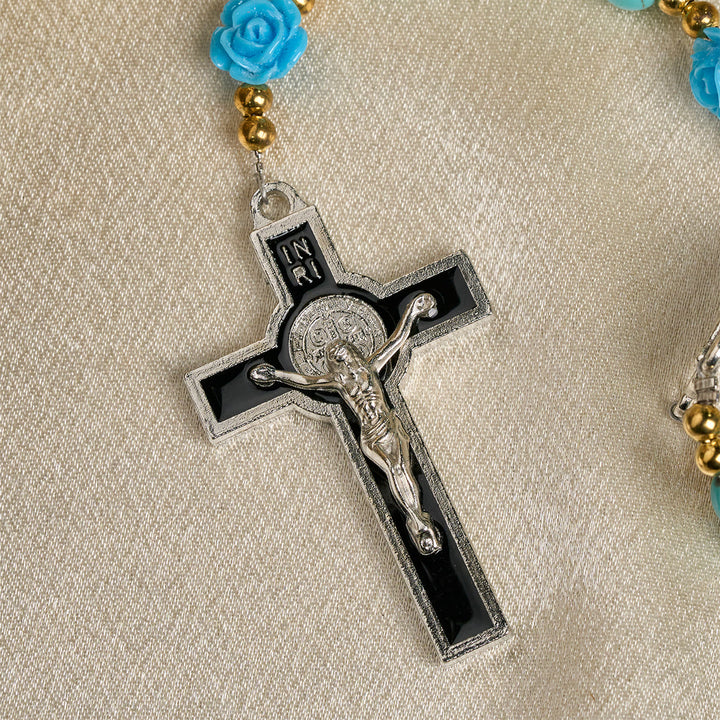 Christianartworkshop Elegante rosario de rosas rojas y azules con cuentas turquesas: bendecido por la Virgen María y San Benito. - image 17