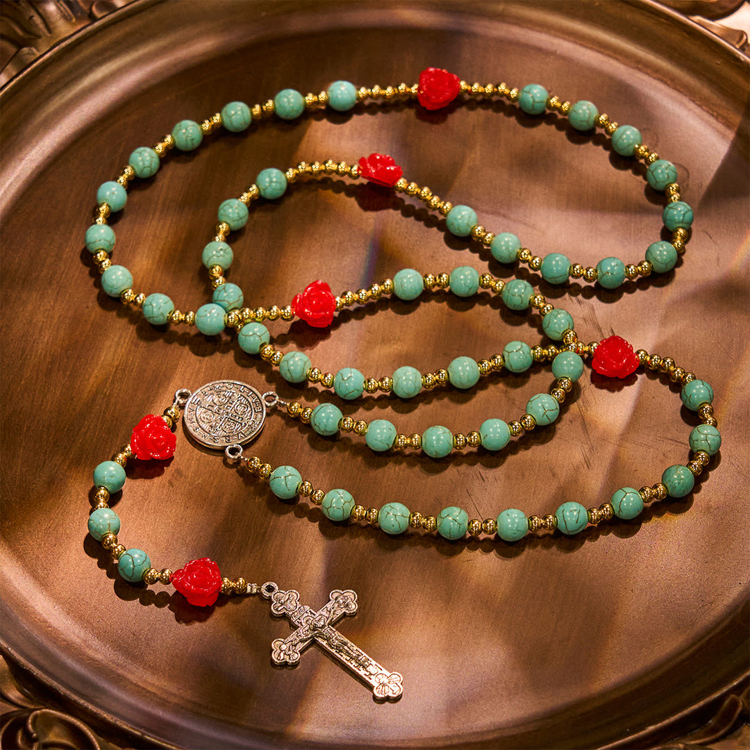 Christianartworkshop Elegante rosario de rosas rojas y azules con cuentas turquesas: bendecido por la Virgen María y San Benito. - image 5