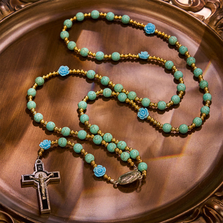 Christianartworkshop Elegante rosario de rosas rojas y azules con cuentas turquesas: bendecido por la Virgen María y San Benito. - image 15