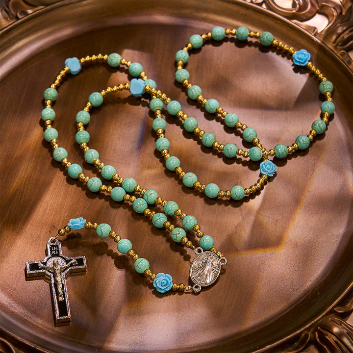 Christianartworkshop Elegante rosario de rosas rojas y azules con cuentas turquesas: bendecido por la Virgen María y San Benito. - image 16