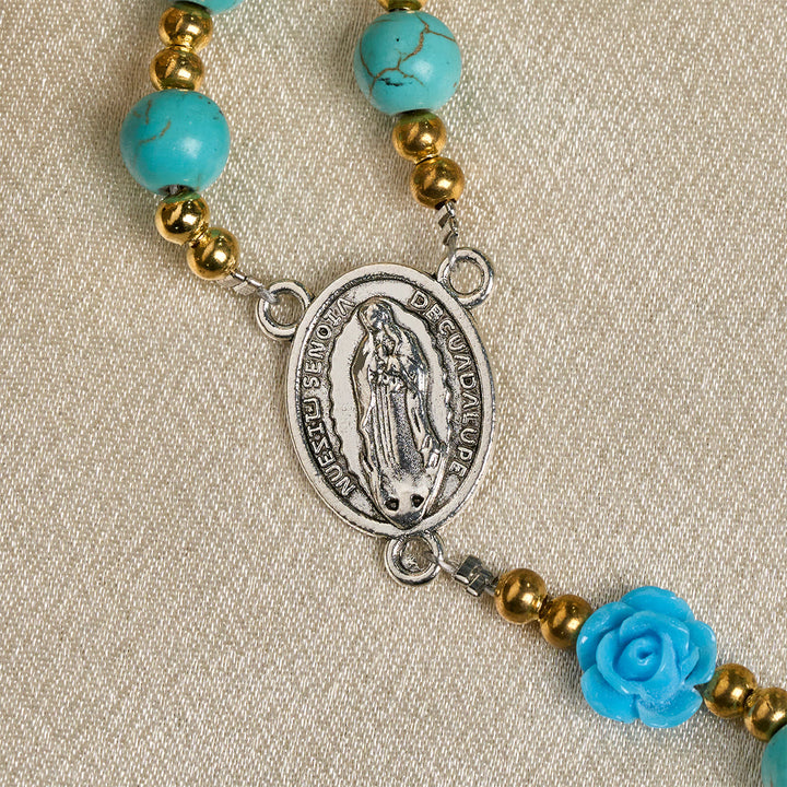 Christianartworkshop Elegante rosario de rosas rojas y azules con cuentas turquesas: bendecido por la Virgen María y San Benito. - image 18