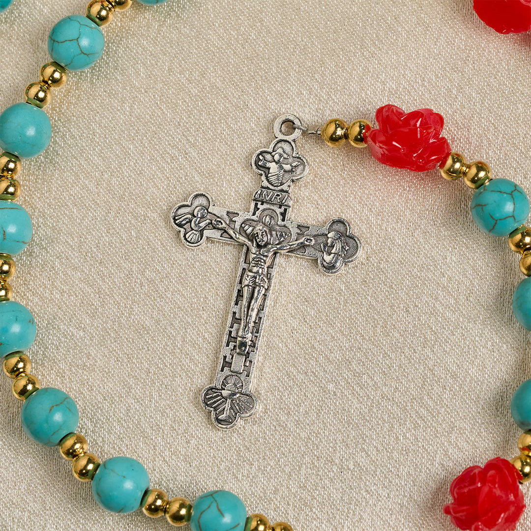 Christianartworkshop Elegante rosario de rosas rojas y azules con cuentas turquesas: bendecido por la Virgen María y San Benito. - image 8