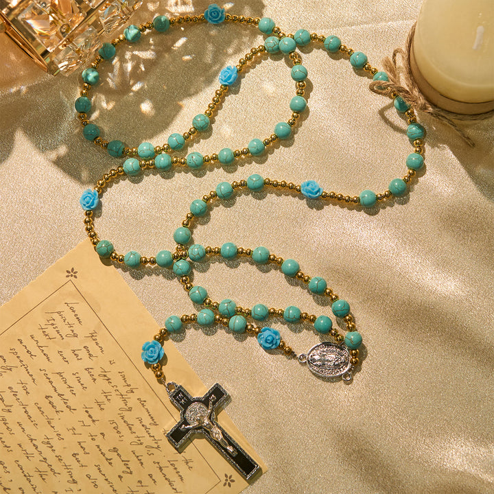 Christianartworkshop Elegante rosario de rosas rojas y azules con cuentas turquesas: bendecido por la Virgen María y San Benito. - image 12