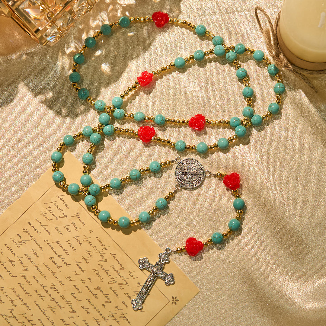 Christianartworkshop Elegante rosario de rosas rojas y azules con cuentas turquesas: bendecido por la Virgen María y San Benito. - image 2