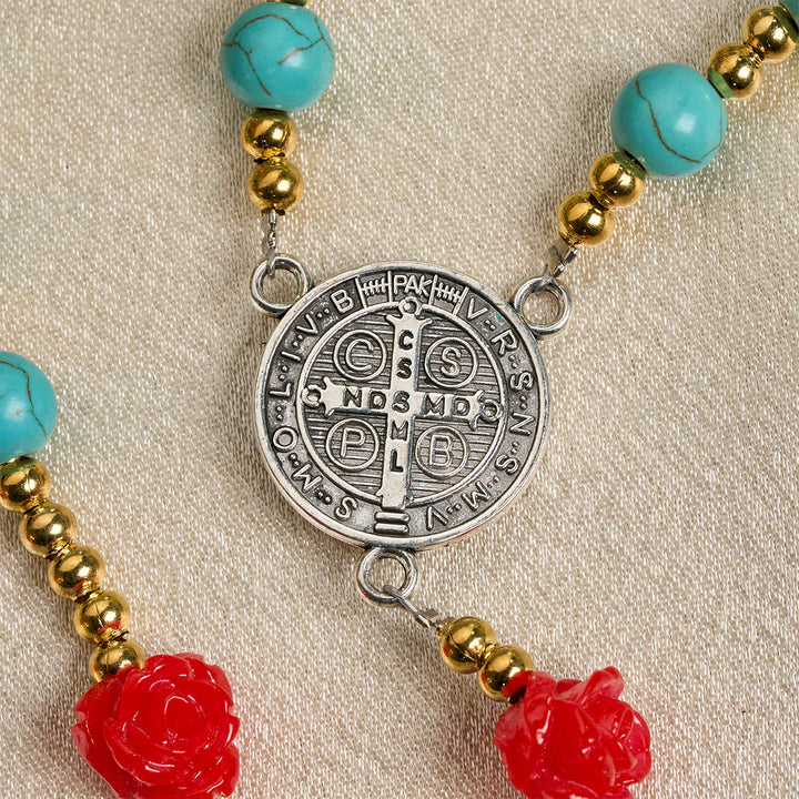 Christianartworkshop Elegante rosario de rosas rojas y azules con cuentas turquesas: bendecido por la Virgen María y San Benito. - image 7