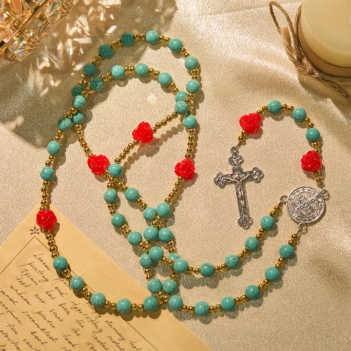 Christianartworkshop Elegante rosario de rosas rojas y azules con cuentas turquesas: bendecido por la Virgen María y San Benito. - image 0