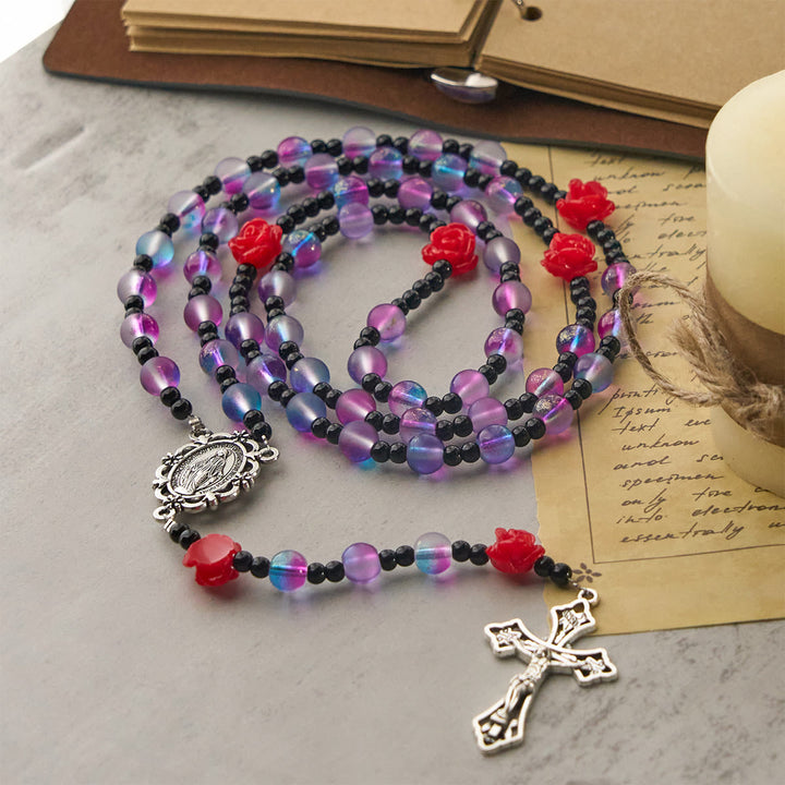 Christianartworkshop Rosario místico de cuentas moradas y azules esmeriladas con rosas rojas y bendición de medalla milagrosa. - image 3