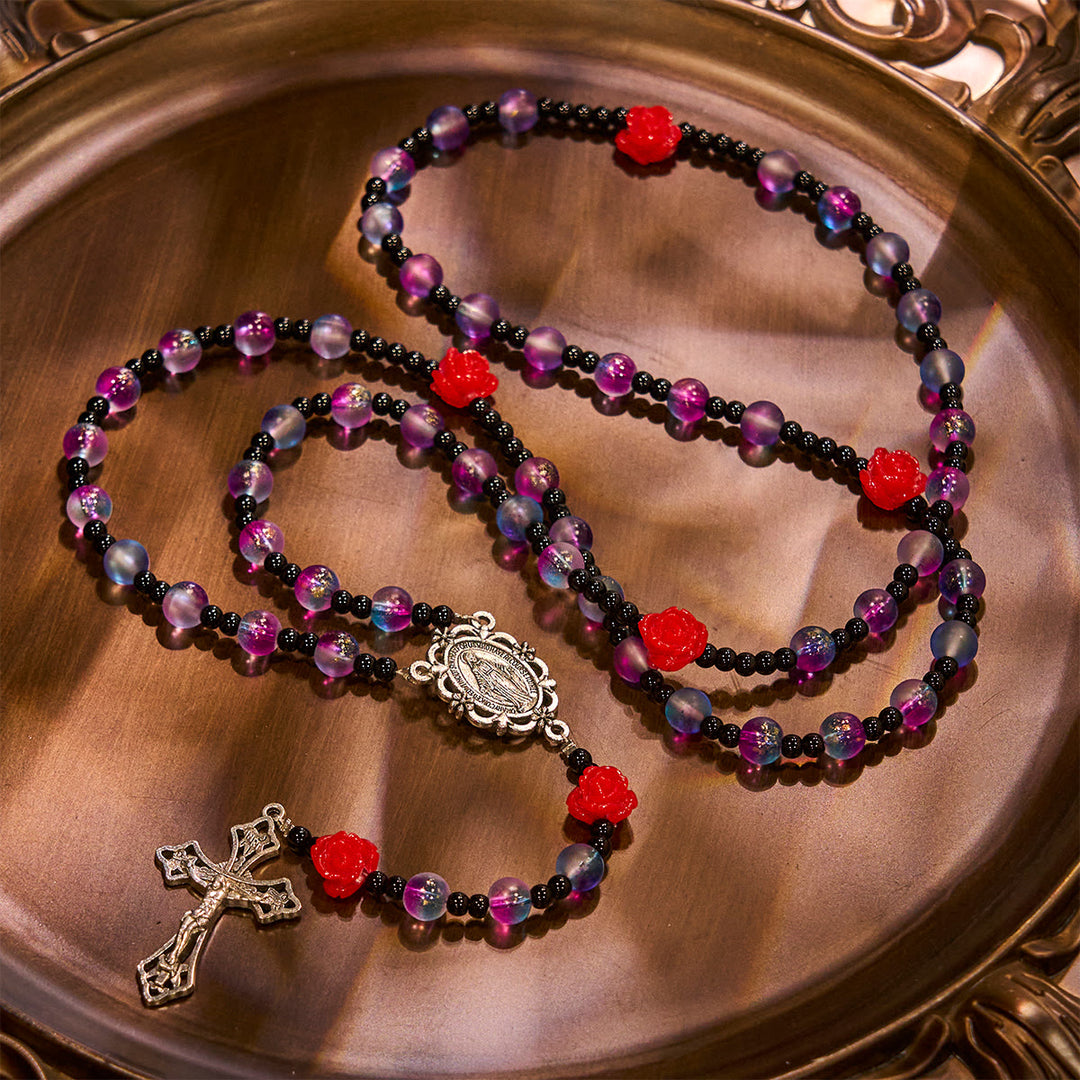 Christianartworkshop Rosario místico de cuentas moradas y azules esmeriladas con rosas rojas y bendición de medalla milagrosa. - image 6