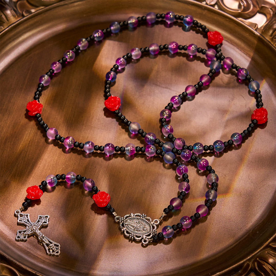 Christianartworkshop Rosario místico de cuentas moradas y azules esmeriladas con rosas rojas y bendición de medalla milagrosa. - image 5