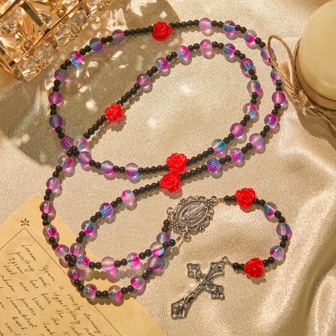 Christianartworkshop Rosario místico de cuentas moradas y azules esmeriladas con rosas rojas y bendición de medalla milagrosa. - image 2