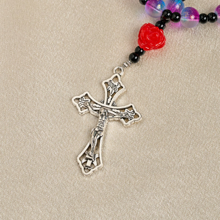 Christianartworkshop Rosario místico de cuentas moradas y azules esmeriladas con rosas rojas y bendición de medalla milagrosa. - image 8