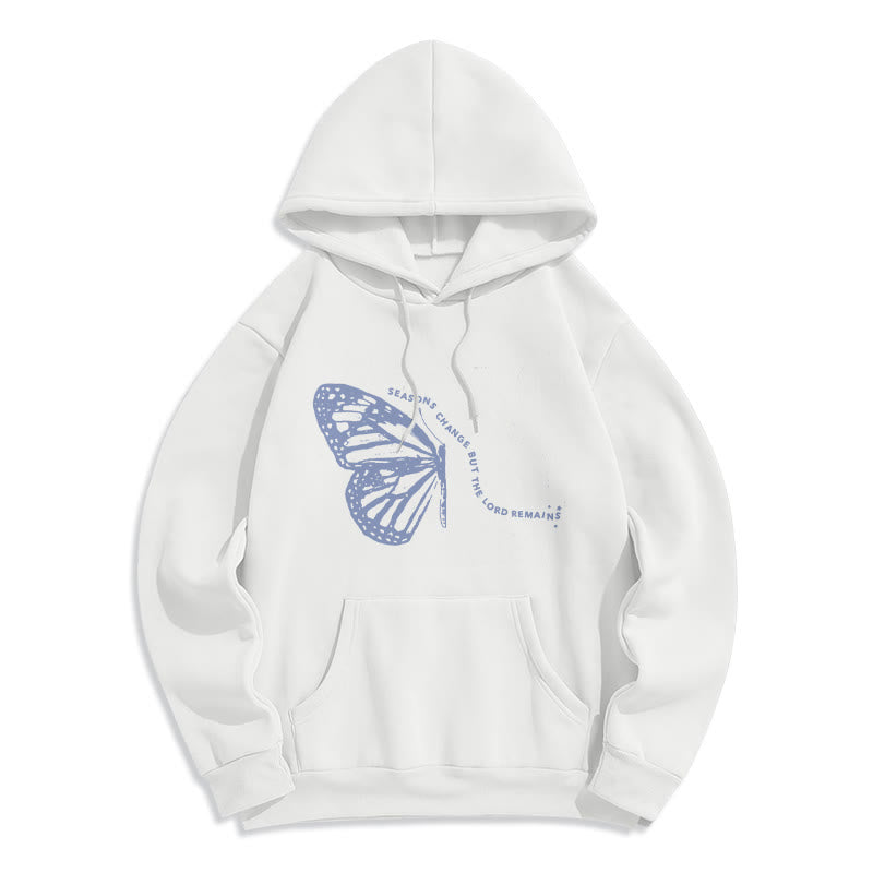 Christianartworkshop Sudadera con capucha de poliéster forrada de felpa con estampado de mariposas y el lema "Las estaciones cambian, el Señor permanece" - Blanco - 2XL - image 0