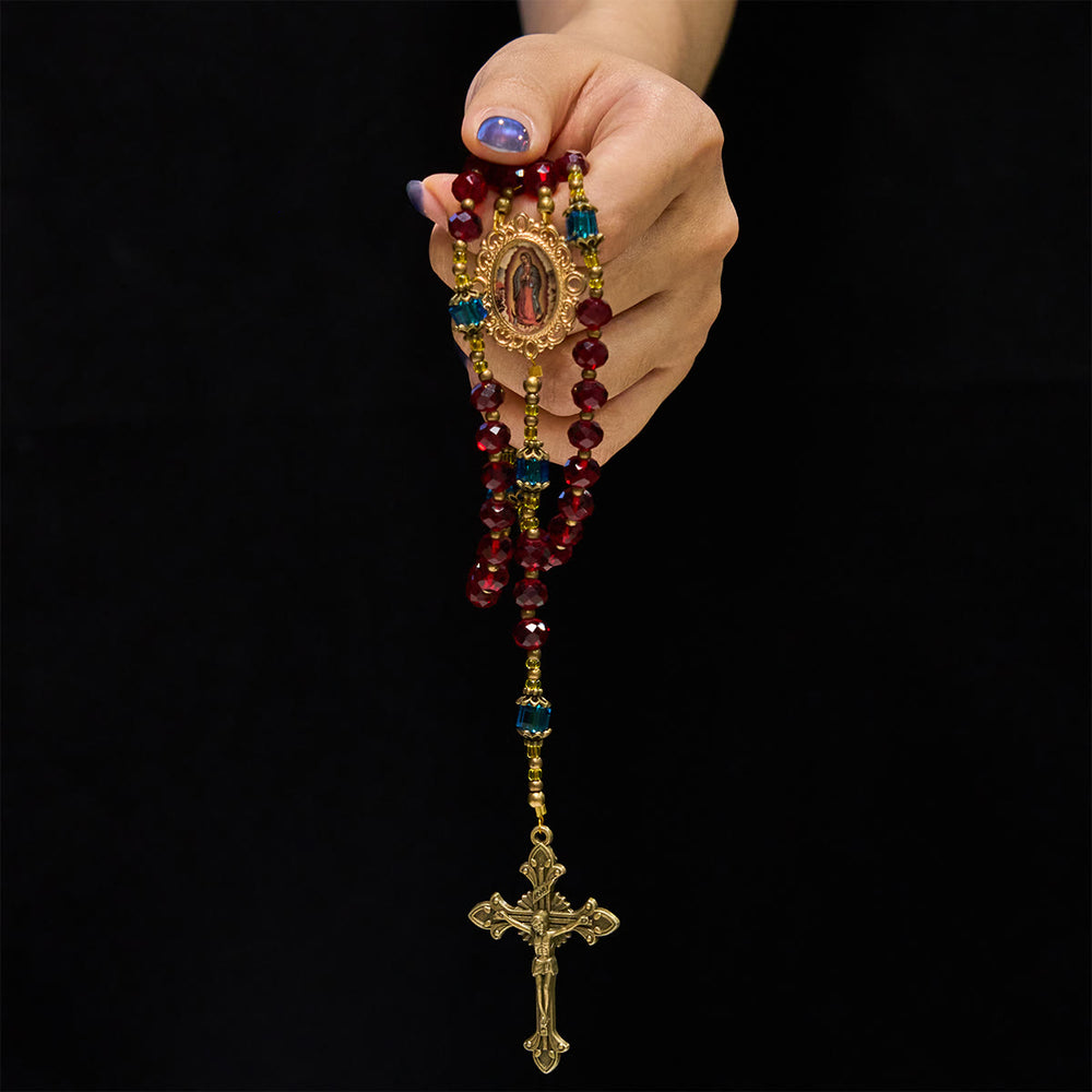 Christianartworkshop Rosario crucifijo de Nuestra Señora de Guadalupe hecho a mano con cristal rojo bohemio checo - image 1