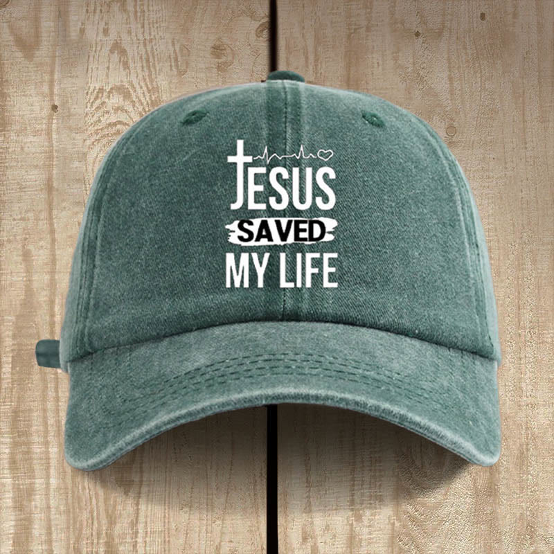 Christianartworkshop Gorro unisex de algodón desgastado con la frase "Jesús me salvó la vida" de estilo vintage. - Verde grisáceo - image 0