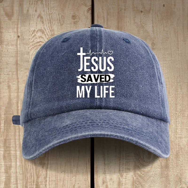 Christianartworkshop Gorro unisex de algodón desgastado con la frase "Jesús me salvó la vida" de estilo vintage. - Azul marino - image 1