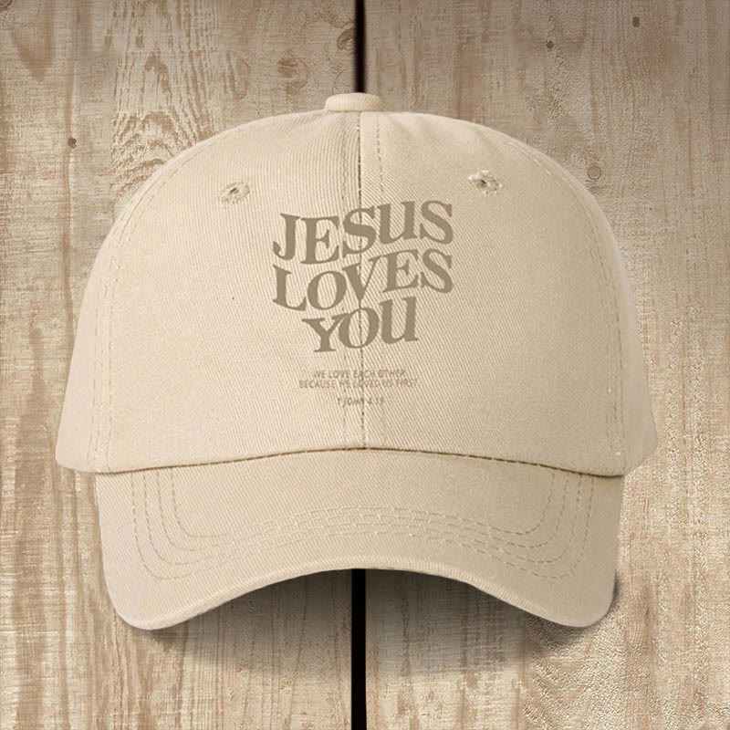 Christianartworkshop Gorra de béisbol con el mensaje "Jesús te ama" lleno de fe: Lleva contigo el mensaje de su amor. - Beige - image 0