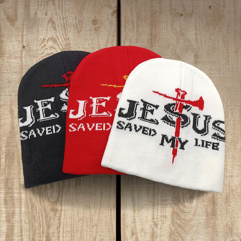 Christianartworkshop Gorro de punto con la frase "Jesús me salvó la vida": Un cálido recordatorio de su gracia. - Rojo - image 0