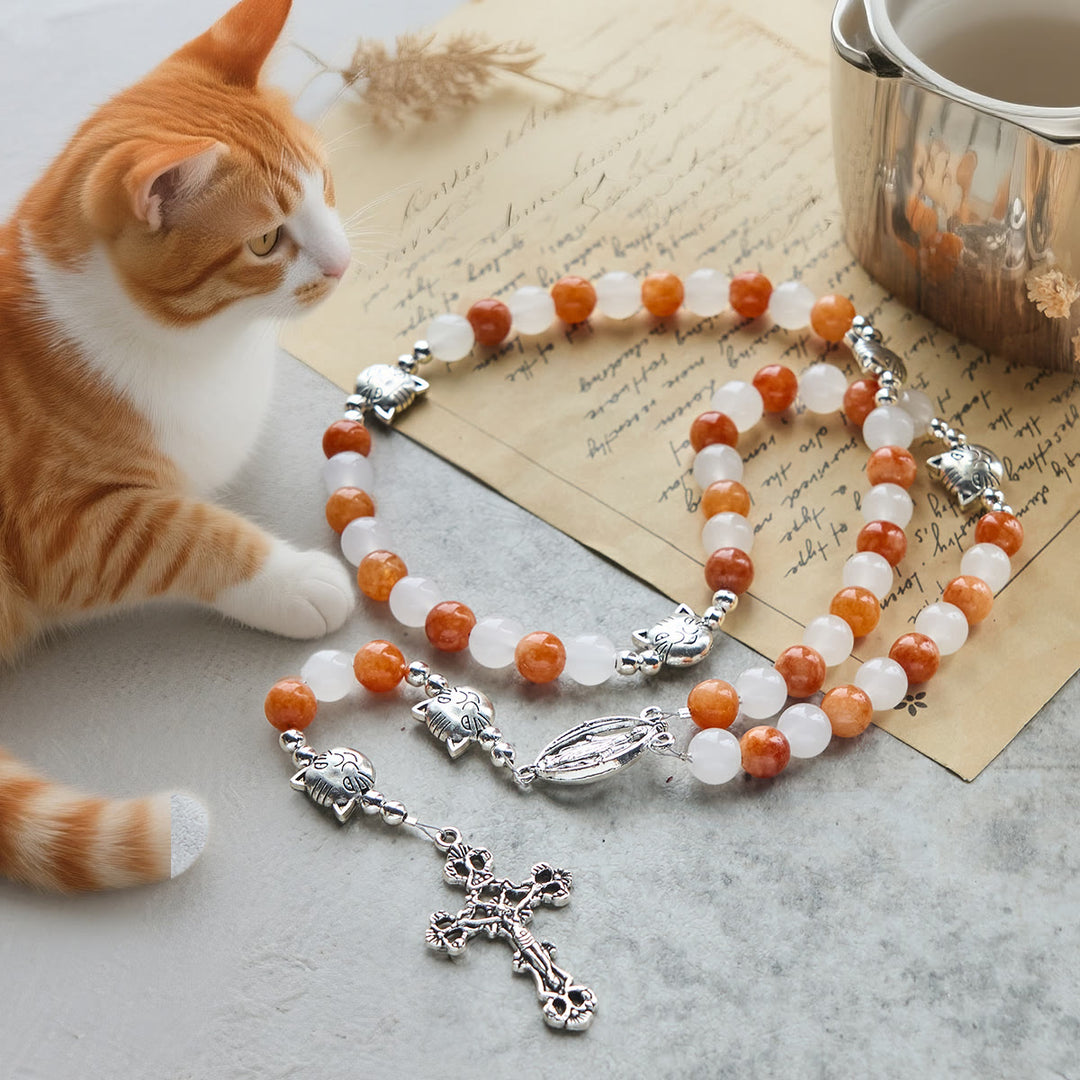 Christianartworkshop Pulsera de acero inoxidable con dijes de cuarzo naranja y blanco con cara de gato, rosario de animales. - Rosario atigrado naranja - image 0