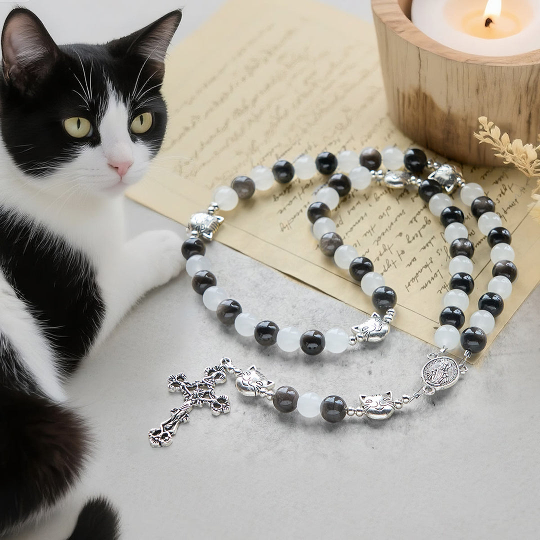 Christianartworkshop Pulsera de cuentas de vaca y gato en blanco y negro, Bendición de Nuestra Señora, Rosario de animales - Rosario de vaca y gato - image 0