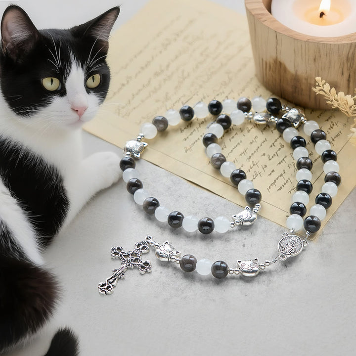 Christianartworkshop Pulsera de cuentas de vaca y gato en blanco y negro, Bendición de Nuestra Señora, Rosario de animales - Rosario de vaca y gato - image 0