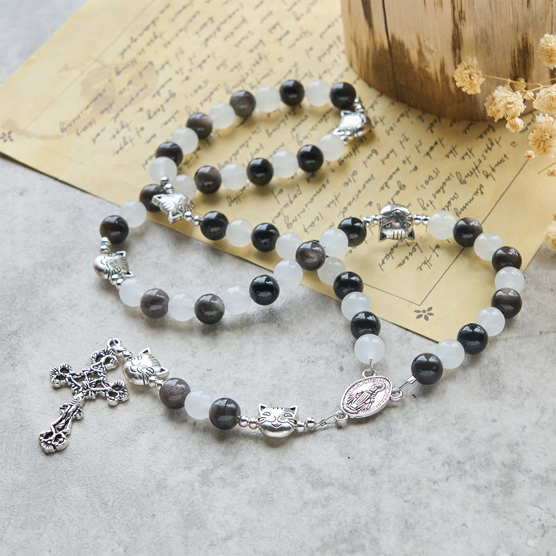 Christianartworkshop Pulsera de cuentas de vaca y gato en blanco y negro, Bendición de Nuestra Señora, Rosario de animales - image 4