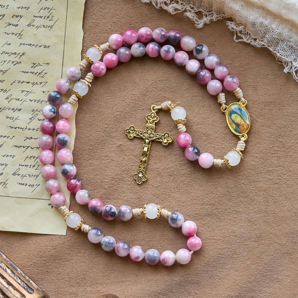 Christianartworkshop Elegante rosario persa de cuentas de jade rosa y negro con la bendición de la Virgen María. - image 3