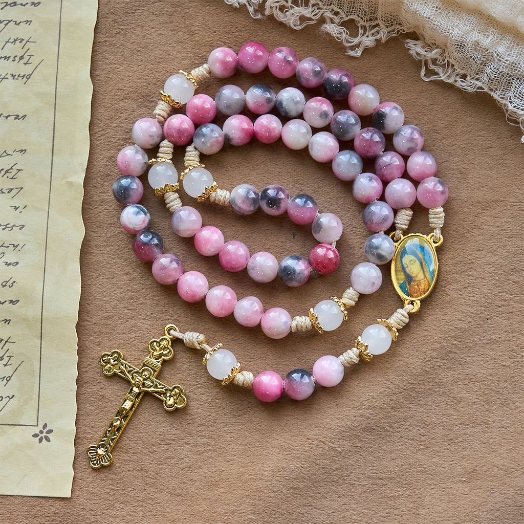 Christianartworkshop Elegante rosario persa de cuentas de jade rosa y negro con la bendición de la Virgen María. - Rosa persa - image 0