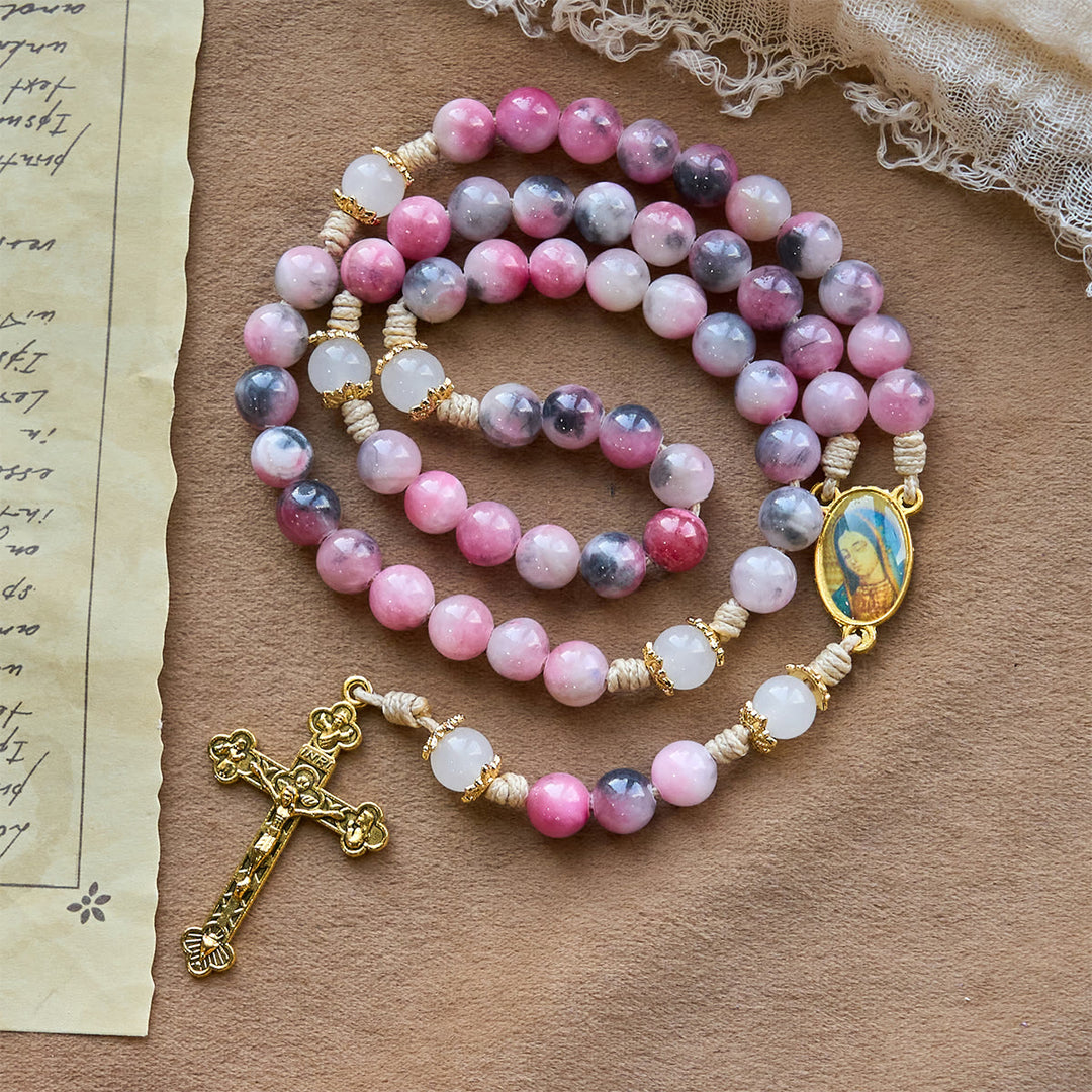 Christianartworkshop Elegante rosario persa de cuentas de jade rosa y negro con la bendición de la Virgen María. - Rosa persa - image 0