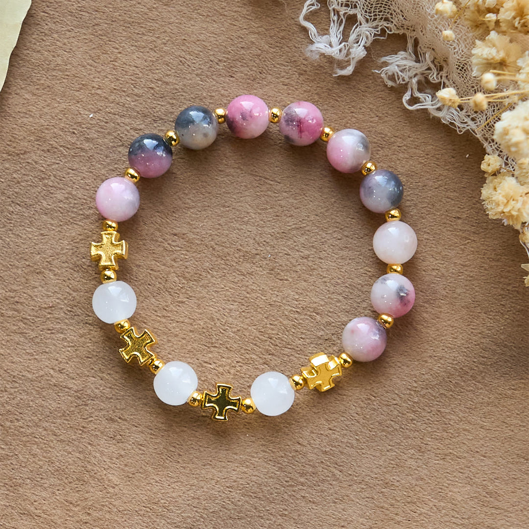 Christianartworkshop Elegante pulsera de cuentas de jade persa rosa y negro de 8 mm con cruz antigua. - Pulsera rosa - image 0