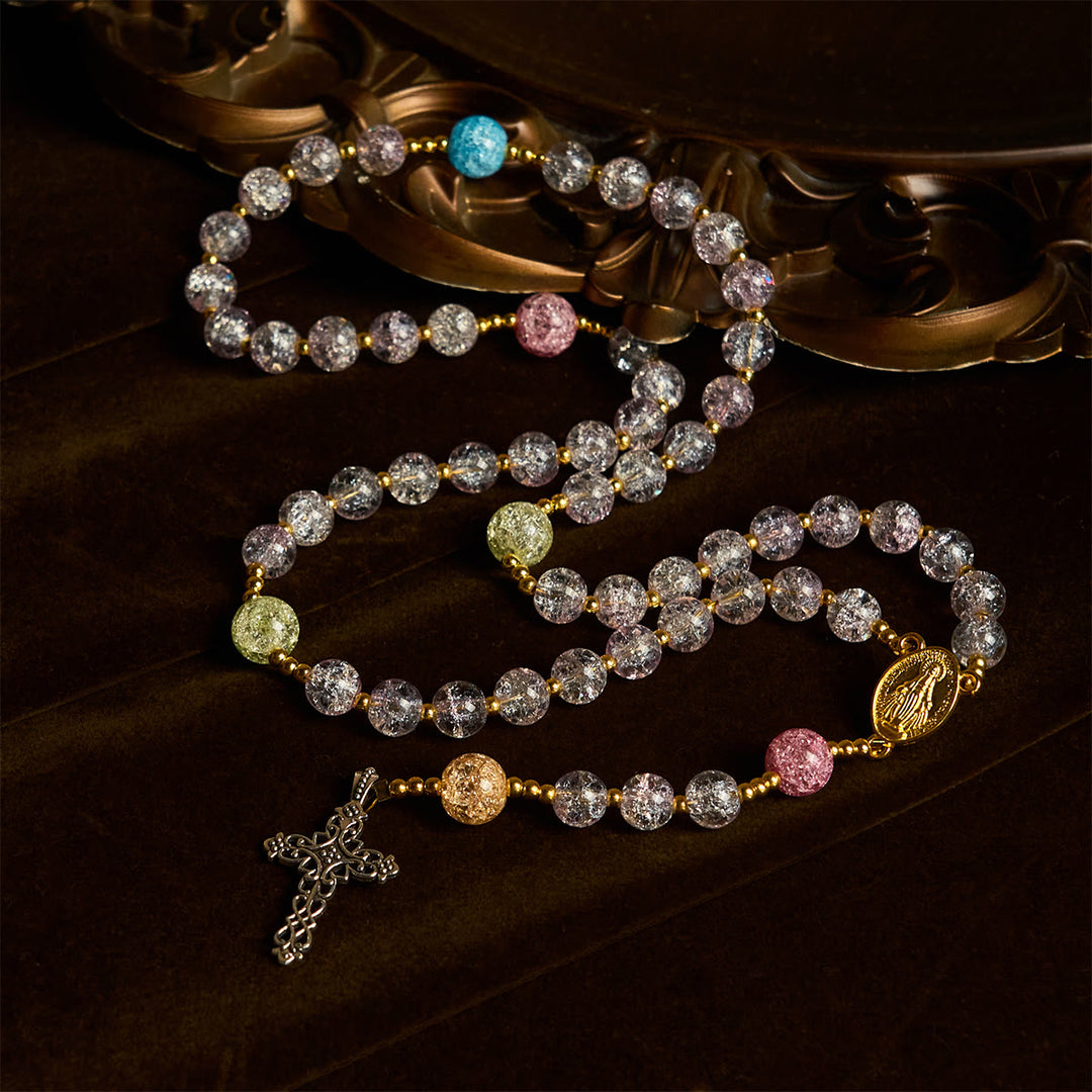 Christianartworkshop Rosario de cuentas de vidrio craquelado Rainbow Light de 8 mm con la Virgen María y la Cruz. - image 2