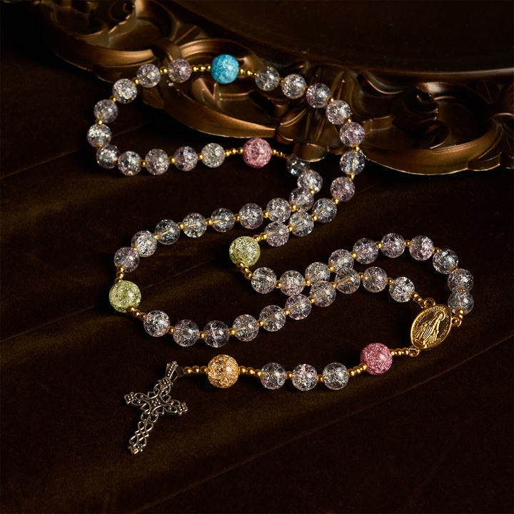 Christianartworkshop Rosario de cuentas de vidrio craquelado Rainbow Light de 8 mm con la Virgen María y la Cruz. - image 2
