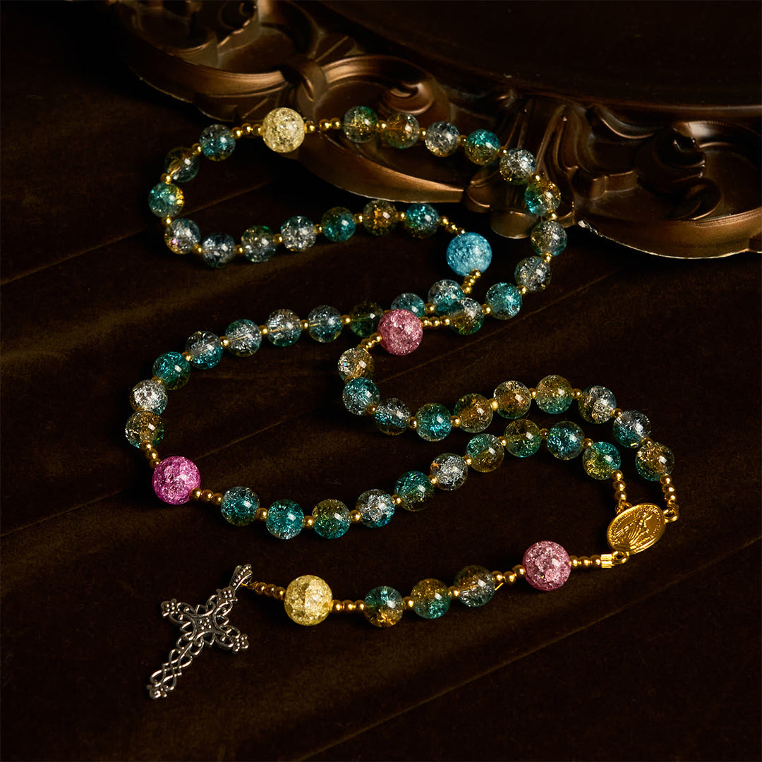 Christianartworkshop Rosario de cristal craquelado brillante de 8 mm inspirado en el océano con medalla de la Virgen María. - image 2