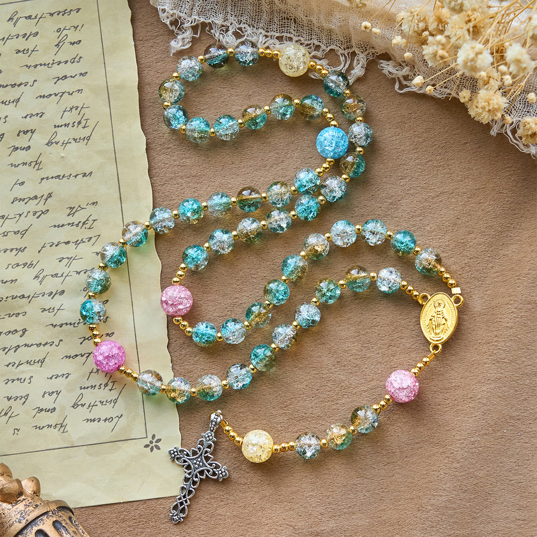 Christianartworkshop Rosario de cristal craquelado brillante de 8 mm inspirado en el océano con medalla de la Virgen María. - image 4