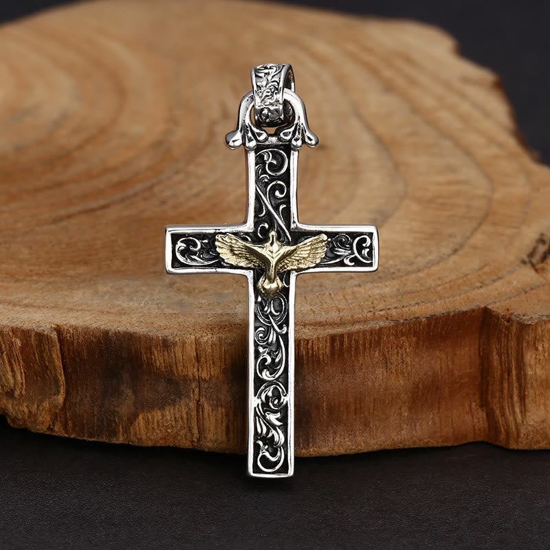 Christianartworkshop Collar con cruz de plata esterlina y paloma dorada, de intrincado diseño: una exquisita combinación de detalle y devoción. - Plata de ley 925 - image 0