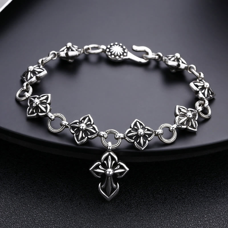 Christianartworkshop Pulsera de plata de ley con cruz de estilo retro y motivos florales: un símbolo nostálgico de fe. - Plata de ley 925 - image 0