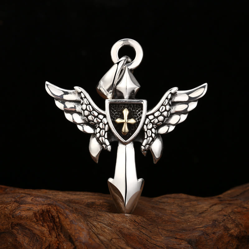 Christianartworkshop Colgante artístico de cruz alada de plata con detalle de escudo: una combinación única de arte y fe. - Plata de ley 925 - image 0