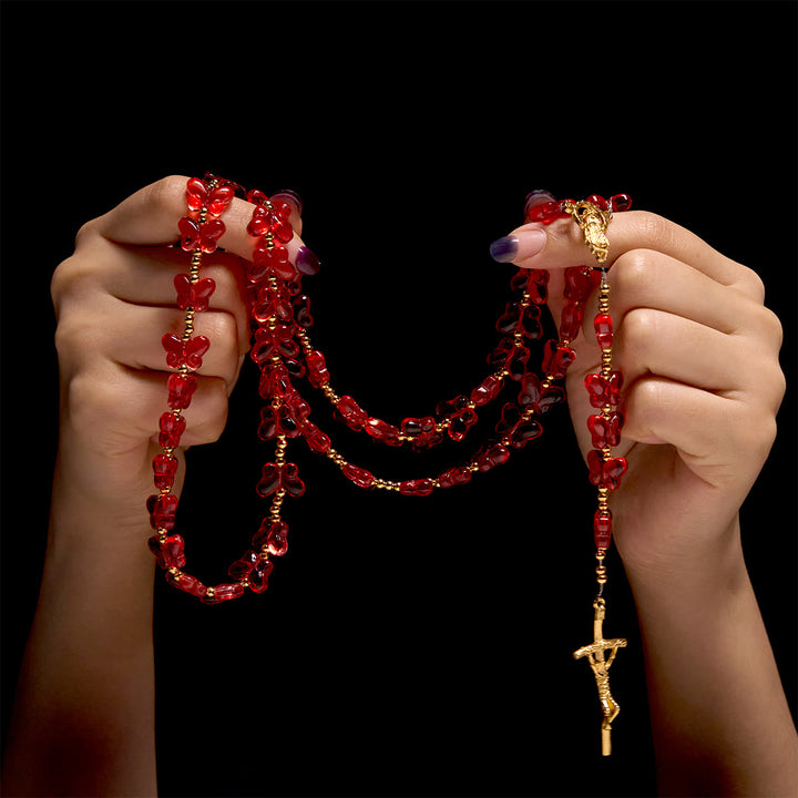 Christianartworkshop Rosario de animales con cuentas de oración de mariposa roja bendita de Nuestra Señora y la Gracia de la Virgen. - image 1