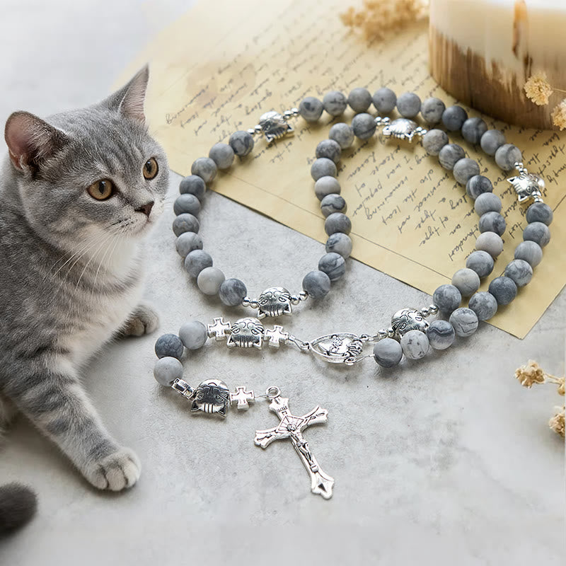 Christianartworkshop Rosario de oración con diseño de gato atigrado gris claro: Pulsera de oración para el cuidado de los gatos callejeros, Rosario de animales - Rosario de gato atigrado - image 0