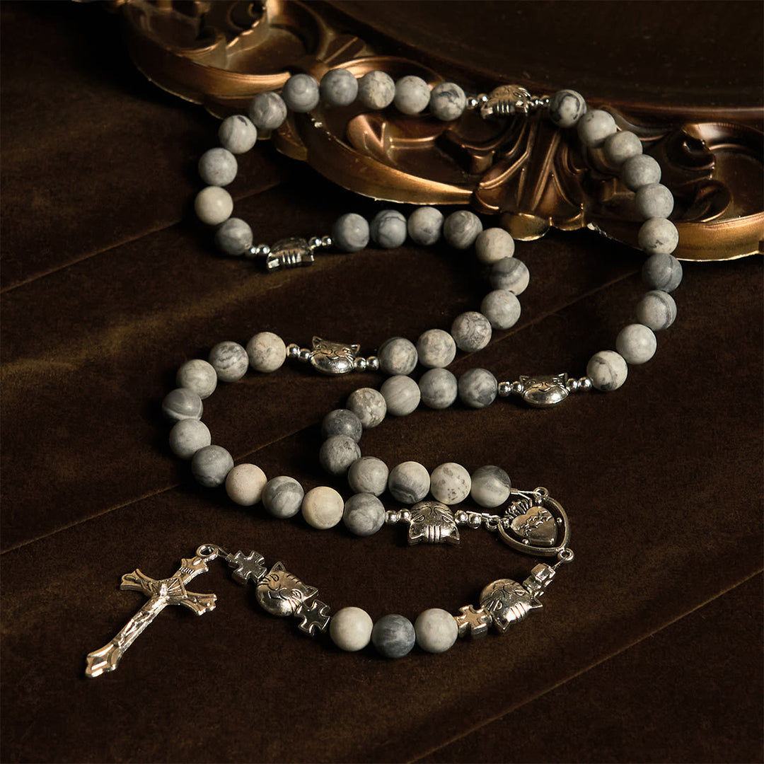 Christianartworkshop Rosario de oración con diseño de gato atigrado gris claro: Pulsera de oración para el cuidado de los gatos callejeros, Rosario de animales - image 3