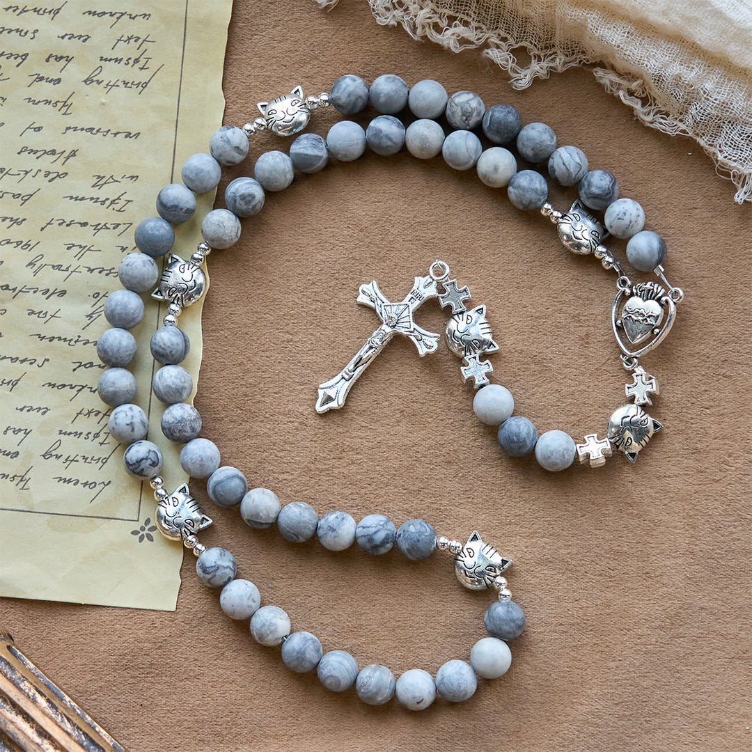 Christianartworkshop Rosario de oración con diseño de gato atigrado gris claro: Pulsera de oración para el cuidado de los gatos callejeros, Rosario de animales - image 5