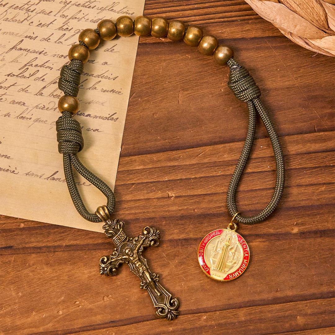 Christianartworkshop Rosario portátil de bolsillo con cuentas de bronce y cordón de nailon, protección de San Benito. - San Benito y el Crucifijo - image 0