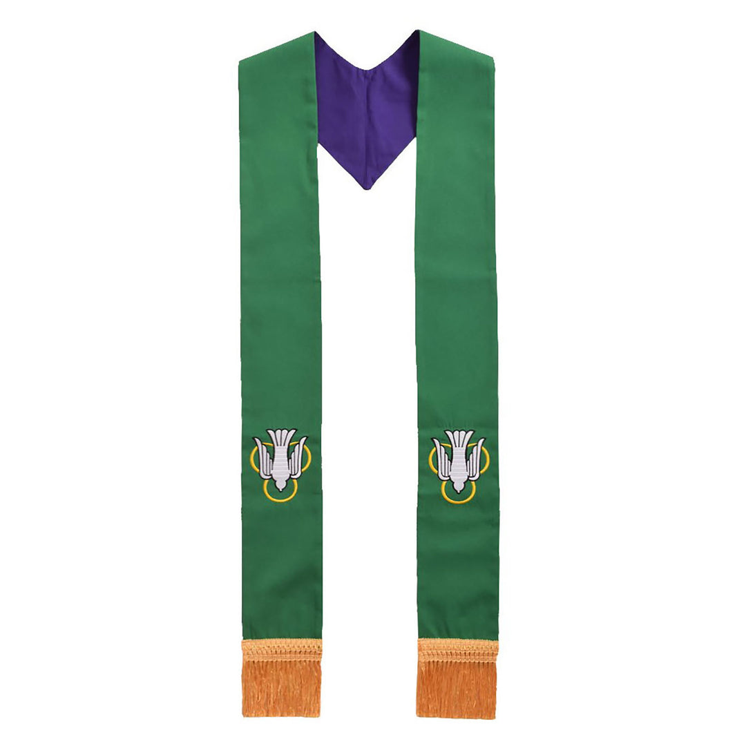 Christianartworkshop Estola clerical verde con paloma del Espíritu Santo, forro morado y flecos dorados. - Verde - Litúrgico estándar (270 cm en total) - image 0
