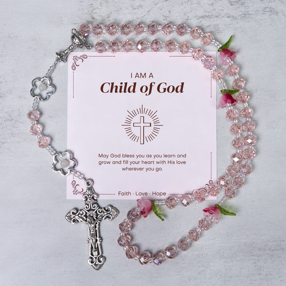 Christianartworkshop Jesús es el regalo: Rosario elegante de cristal rosa hecho a mano con cuentas de rosas en 3D y tarjeta de regalo. - Hijo de Dios - image 1
