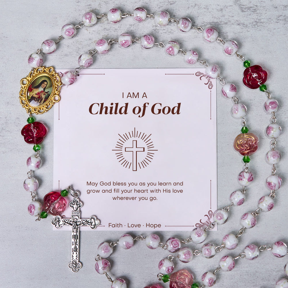 Christianartworkshop FE EN LA ORACIÓN: Rosario de elegancia floral en rosa y marfil hecho a mano con tarjeta de regalo. - Hijo de Dios - image 1