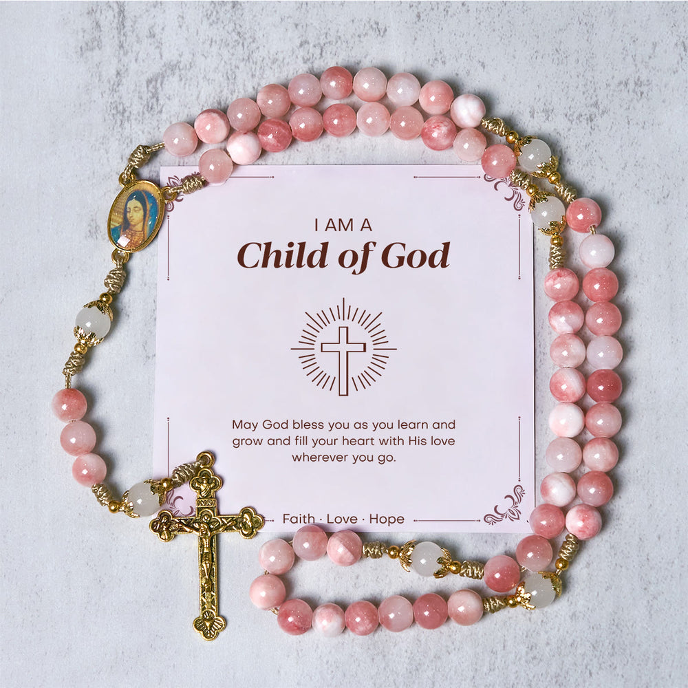 Christianartworkshop FE EN LA ORACIÓN: Rosario hecho a mano con cuentas rosas brillantes y tarjeta de regalo. - Hijo de Dios - image 1