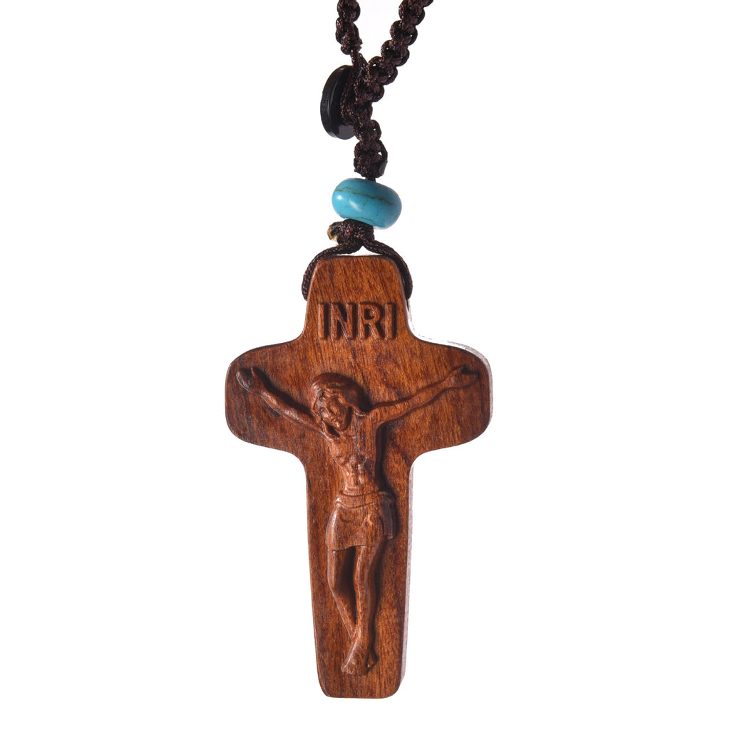 Christianartworkshop Llavero de madera bicolor con cruz de Jesús, con INRI y cuenta turquesa. - image 4